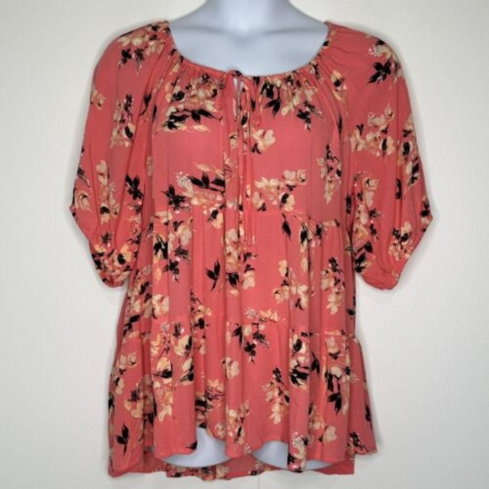 Torrid Womens Coral Pink Floral Babydoll Crinkle Gauze Tiered Top 2X Boho